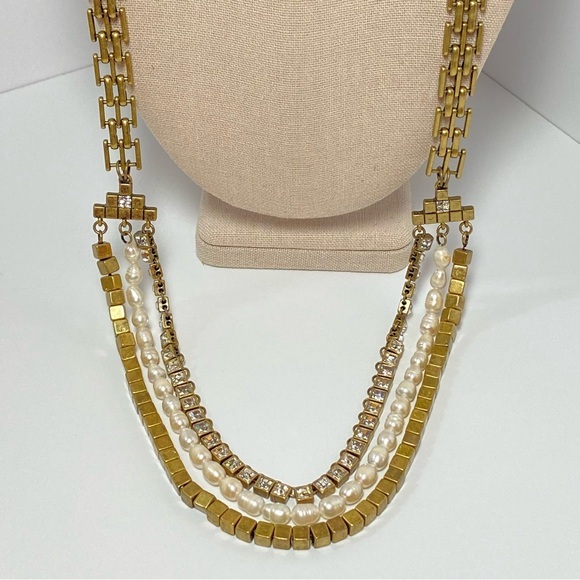Ann‎ Taylor Vintage Long Panther Chain Faux Pearl Rhinestone Antique Gold Tone - Picture 5 of 12